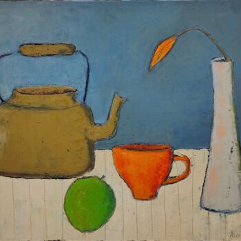 Painting titled "Breakfast with tulip" by Albina Urbanek, Original Artwork, Oil Mounted on Wood Stretcher frame