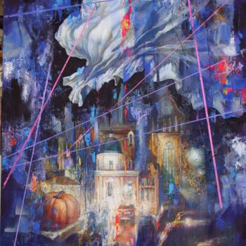 Painting titled "Night on the town." by Dobrodiy Alexandr, Original Artwork, Oil Mounted on Wood Stretcher frame