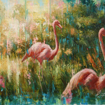 Painting titled "Garden.Flamingo." by Dobrodiy Alexandr, Original Artwork, Oil