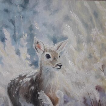 Painting titled "Fawn in the snow "О…" by Aleksandr Gritsenko, Original Artwork, Oil