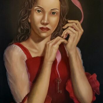 Schilderij getiteld "Il nastro rosa" door Alessandra Veccia, Origineel Kunstwerk, Olie