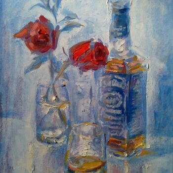 Painting titled "Shot glass of Jack" by Alex Klas, Original Artwork, Oil Mounted on Wood Stretcher frame