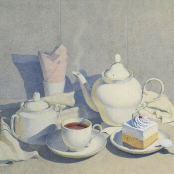 Ζωγραφική με τίτλο "Tea and cake" από Alexander Mukhin-Cheboksarsky, Αυθεντικά έργα τέχνης, Ακουαρέλα