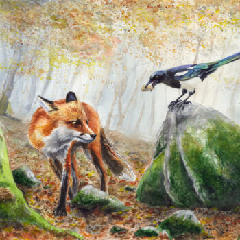 Painting titled "Fox & Magpie in the…" by Alexandr Karpov, Original Artwork, Watercolor