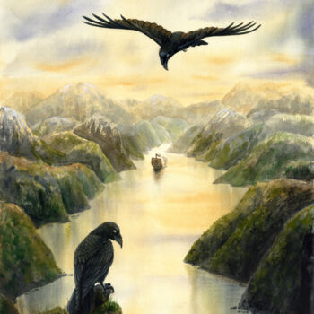 Schilderij getiteld "Raven`s Fjord. Watc…" door Alexandr Karpov, Origineel Kunstwerk, Aquarel