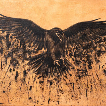 Painting titled "Raven, black gold" by Alexandr Karpov, Original Artwork, Acrylic Mounted on Wood Stretcher frame
