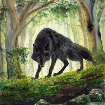 Painting titled "Black Wolf in the F…" by Alexandr Karpov, Original Artwork, Watercolor