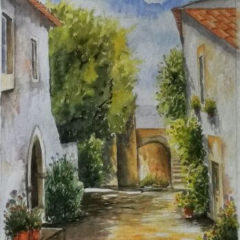 Painting titled "Rua tipica de Caste…" by Alexandre Gomes, Original Artwork, Watercolor Mounted on Wood Stretcher frame
