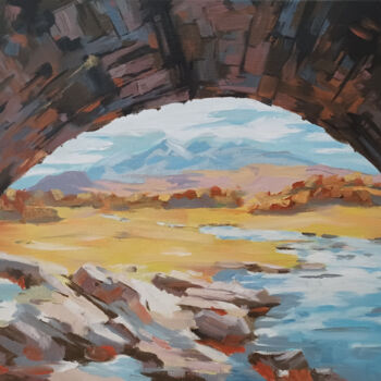 Painting titled "Méduse sous un pont" by Alexandre Howden, Original Artwork, Oil Mounted on Wood Stretcher frame