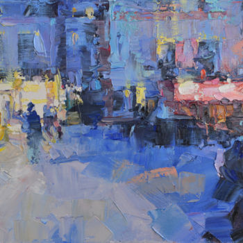 Painting titled "Montmartre at night…" by Alex Hook Krioutchkov, Original Artwork, Oil Mounted on Wood Stretcher frame