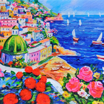 Картина под названием "Summer day on Amalf…" - Alfredo Grimaldi, Подлинное произведение искусства, Акрил Установлен на Дерев…