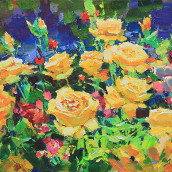 「Yellow roses」というタイトルの絵画 Alisa Onipchenko-Cherniakovskaによって, オリジナルのアートワーク, オイル ウッドストレッチャーフレームにマウント