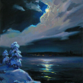 Painting titled "Winter night" by Alisa Onipchenko-Cherniakovska, Original Artwork, Oil Mounted on Wood Stretcher frame