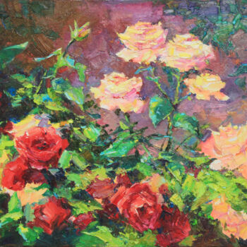 Painting titled "Roses" by Alisa Onipchenko-Cherniakovska, Original Artwork, Oil Mounted on Wood Stretcher frame