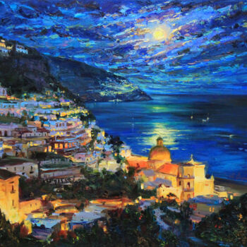 Painting titled "Night Amalfi Coast" by Alisa Onipchenko-Cherniakovska, Original Artwork, Oil Mounted on Wood Stretcher frame