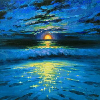 제목이 "Moonrise in blue"인 미술작품 Alisa Onipchenko-Cherniakovska로, 원작, 기름 나무 들것 프레임에 장착됨