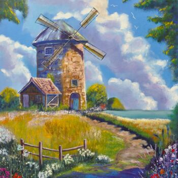 Schilderij getiteld "old village mill" door Alla Landenband, Origineel Kunstwerk, Olie