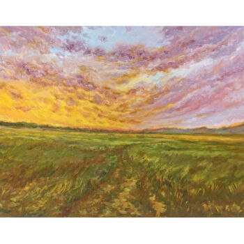 Painting titled "Sunset  field oil p…" by Alona Santhorieieva, Original Artwork, Oil