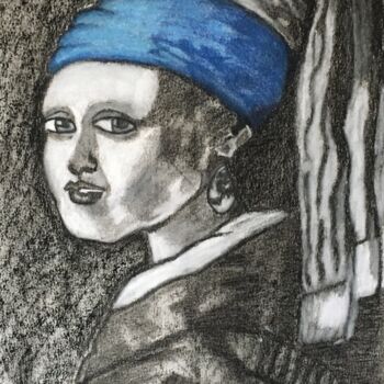 Dibujo titulada "La joven de la perl…" por Marco Antonio Moreno, Obra de arte original, Grafito