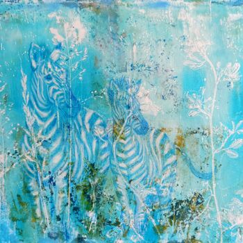 Painting titled "Two Zebras on Sky B…" by Alyona Masterkova, Original Artwork, Acrylic