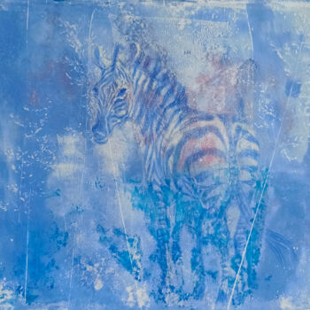 Schilderij getiteld "Zebra in a Blue Haze" door Alyona Masterkova, Origineel Kunstwerk, Acryl