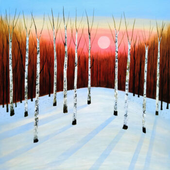 Schilderij getiteld "Twilight Birches" door Amanda Horvath, Origineel Kunstwerk, Acryl Gemonteerd op Frame voor houten branc…