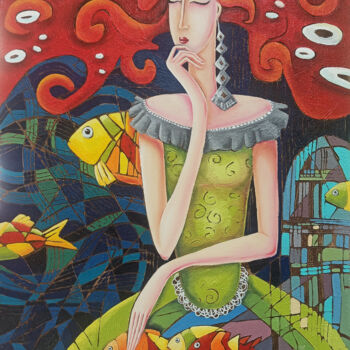 Malarstwo zatytułowany „Dreaming with Fishes” autorstwa Anahit Mirijanyan, Oryginalna praca, Olej Zamontowany na Drewniana r…