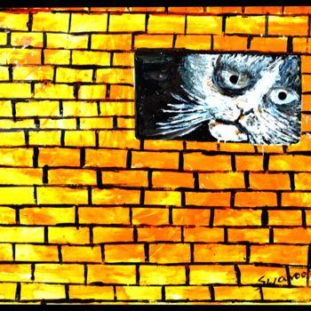 Painting titled "PEAKING CAT" by Anandswaroop Manchiraju, Original Artwork, Acrylic