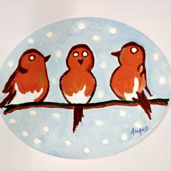 Painting titled "THREE ROBINS" by Anandswaroop Manchiraju, Original Artwork, Acrylic