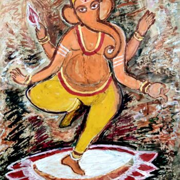 Картина под названием "DANCING GANESHA-4" - Anandswaroop Manchiraju, Подлинное произведение искусства, Чернила