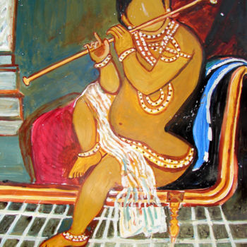 Ζωγραφική με τίτλο "KRISHNA PLAYING MUS…" από Anandswaroop Manchiraju, Αυθεντικά έργα τέχνης, Λάδι