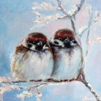 Painting titled "Couple Chickadee Wi…" by Anastasia Akunina, Original Artwork, Oil