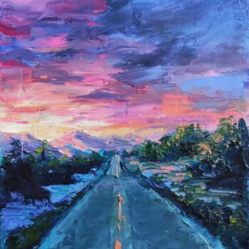 Painting titled "Sunset Landscape Th…" by Anastasia Akunina, Original Artwork, Oil Mounted on Other rigid panel