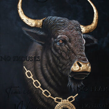 Malerei mit dem Titel "bull with Bitcoin" von Anastasia But, Original-Kunstwerk, Acryl