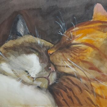 Pintura titulada "Kitten tenderness" por Anastasia Gogol, Obra de arte original, Acuarela