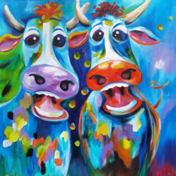 Pittura intitolato "Two Joyful Cows. Fi…" da Anastasia Tversky, Opera d'arte originale, Acrilico