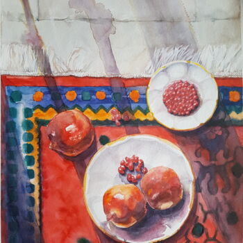 Painting titled "Granatapfel auf dem…" by Anastasia Weishaupt, Original Artwork, Watercolor