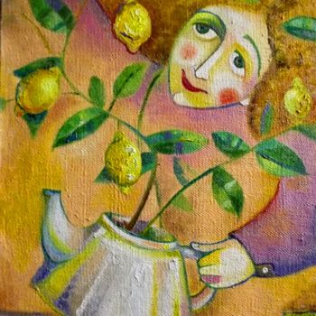 Картина под названием "Чайник с лимоном 2" - Anastasiya Balysh, Подлинное произведение искусства, Масло