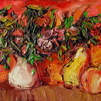 Pintura intitulada "Натюрморт на красно…" por Anatolii Cherniavckyi, Obras de arte originais, Óleo