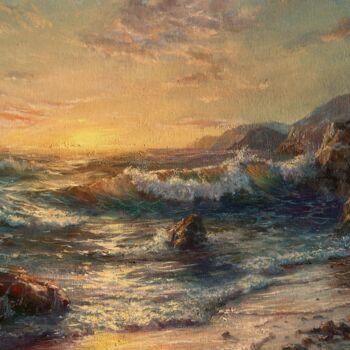 Painting titled "Evening wave`s smile" by Anatoliy Nozdrin, Original Artwork, Oil Mounted on Cardboard