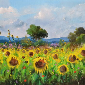 Pittura intitolato "Sunflowers near old…" da Andrea Borella, Opera d'arte originale, Olio Montato su Pannello di legno