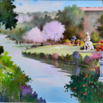 Pittura intitolato "Garden with stream…" da Andrea Borella, Opera d'arte originale, Olio Montato su Pannello di legno