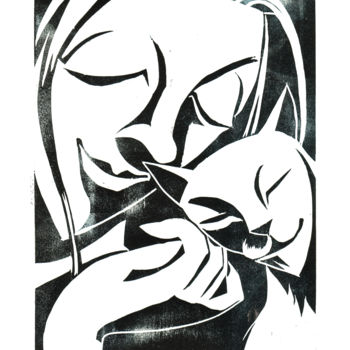 Printmaking titled "Frau mit Katze" by Andrea Riegler, Original Artwork, Xylography