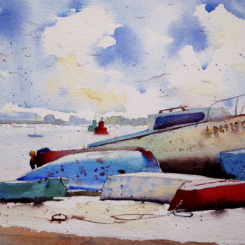 Painting titled "Sur la Cale de Locm…" by André Méhu, Original Artwork, Watercolor