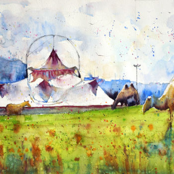 Painting titled "Cirque et chameaux" by André Méhu, Original Artwork, Watercolor