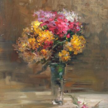 Painting titled "Evening bouquet" by Andrey Lyssenko, Original Artwork, Oil Mounted on Cardboard