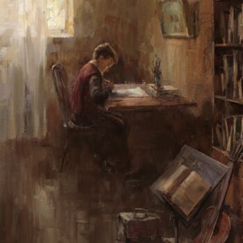 Painting titled "For lessons" by Andrey Lyssenko, Original Artwork, Oil Mounted on Wood Stretcher frame