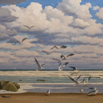 Painting titled "Seagulls" by Andrey Pingachev, Original Artwork, Oil Mounted on Wood Panel