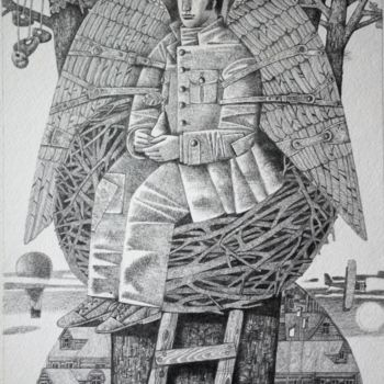 Disegno intitolato "Man-Bird" da Andrey Simakov, Opera d'arte originale, Inchiostro
