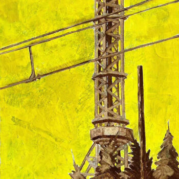 Painting titled "Dorohodichi TV tower" by Andrii Davydenko, Original Artwork, Oil Mounted on Wood Stretcher frame
